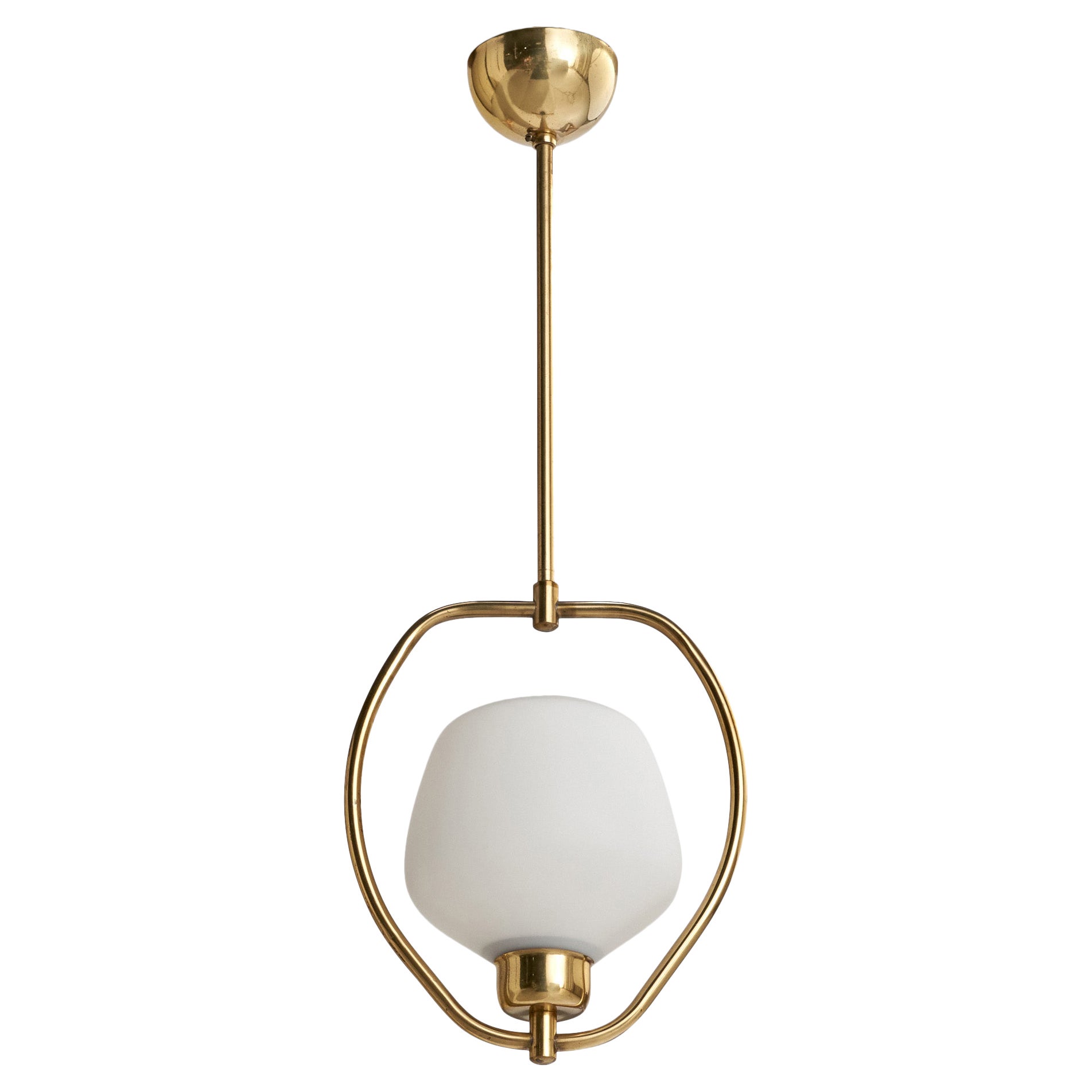 Swedish Designer, Pendant Light, Brass, Glass, Sweden, 1950s For Sale