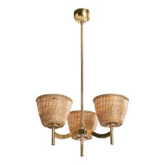 Swedish Designer, Chandelier, Brass, Rattan, Fabric, Sweden, 1950s