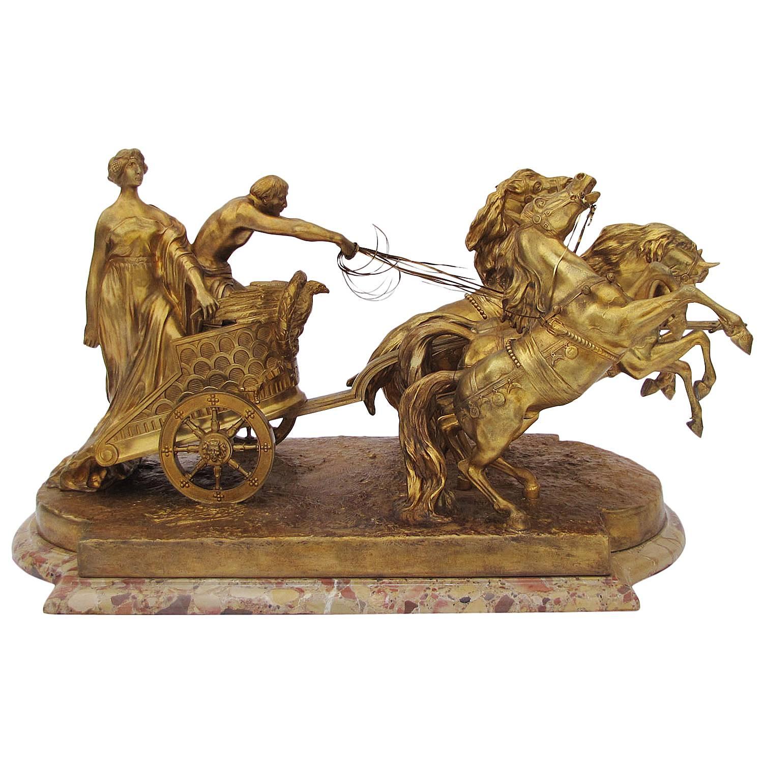 Luigi Belli - Italian 19th Century Gilt Bronze Quadriga Chariot with horses