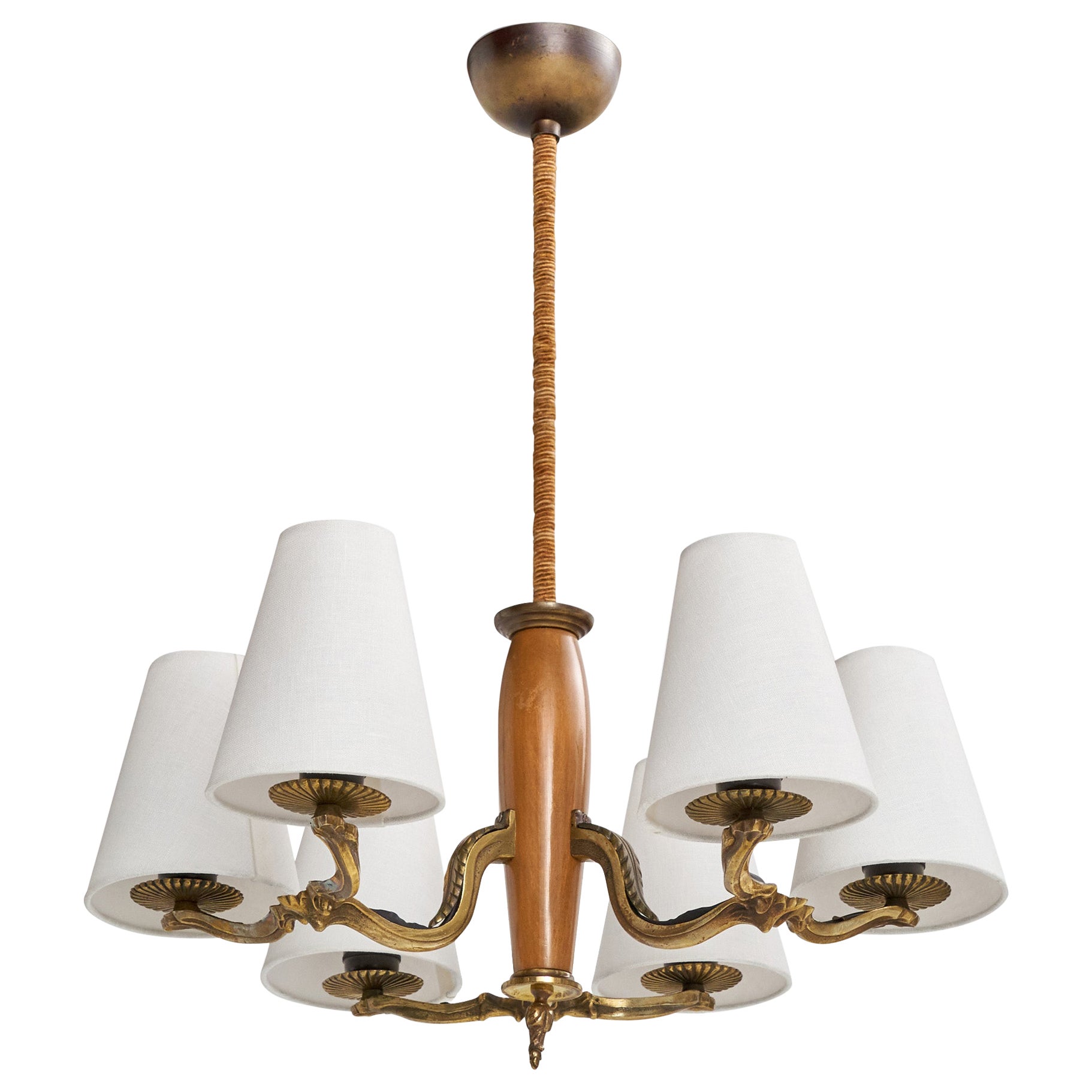 Paavo Tynell, Chandelier, Brass, Wood, Fabric, Finland, 1930s