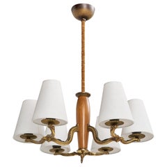 Paavo Tynell, Chandelier, Brass, Wood, Fabric, Finland, 1930s