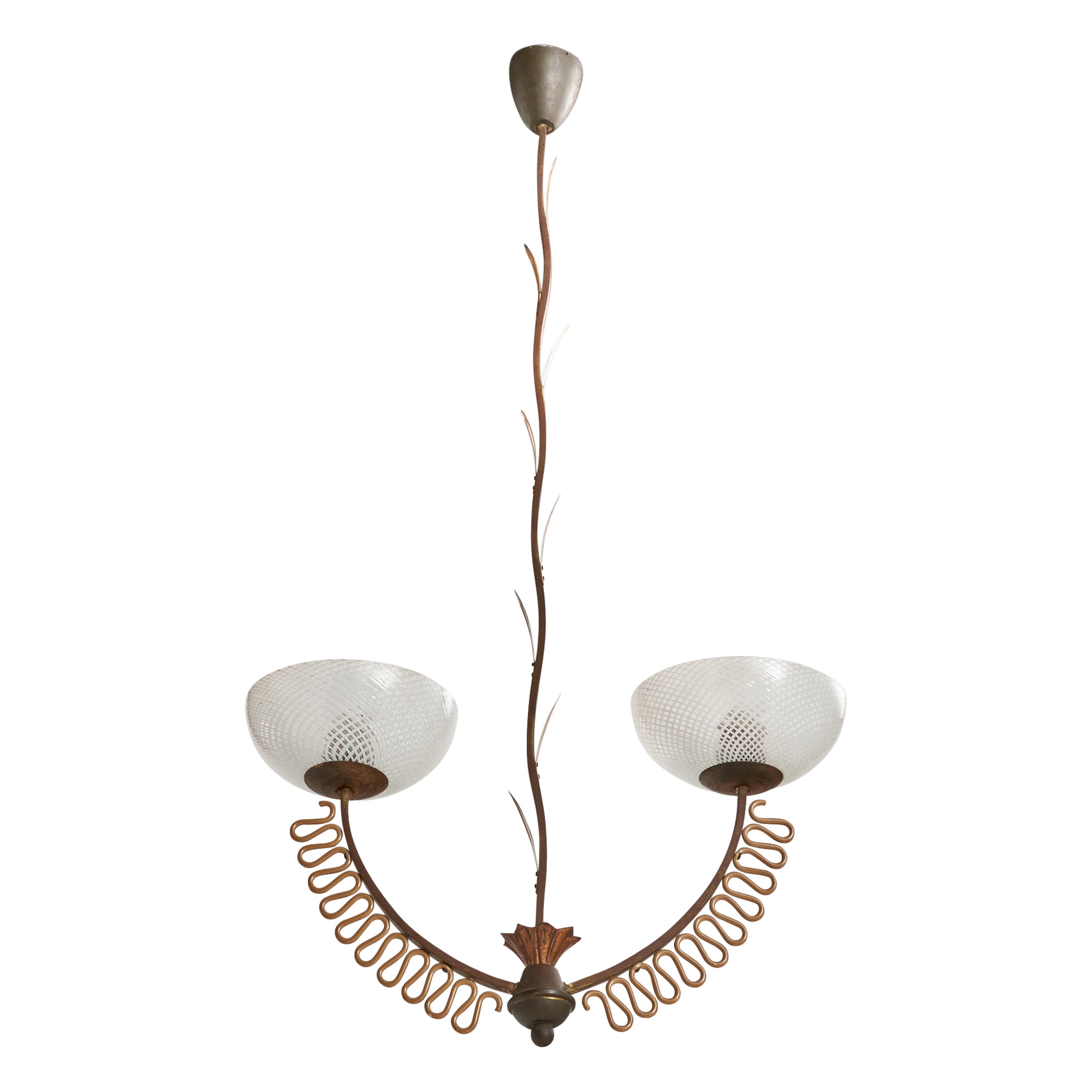 Lampadario di design italiano, ottone, metallo, vetro, Italia, anni '1930