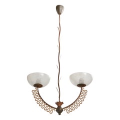 Lampadario di design italiano, ottone, metallo, vetro, Italia, anni '1930