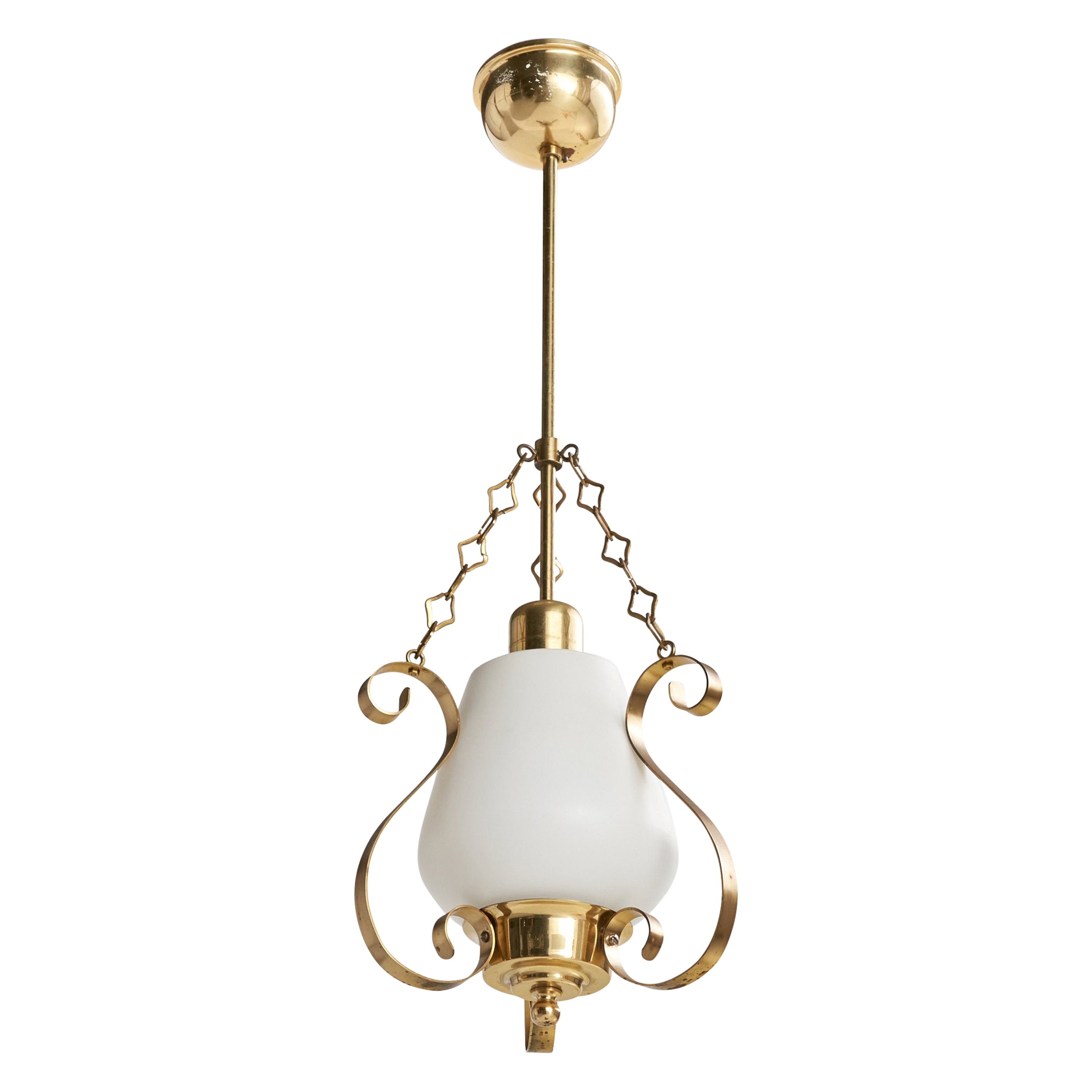 Swedish Designer, Pendant Light, Brass, Glass, Sweden, 1950s