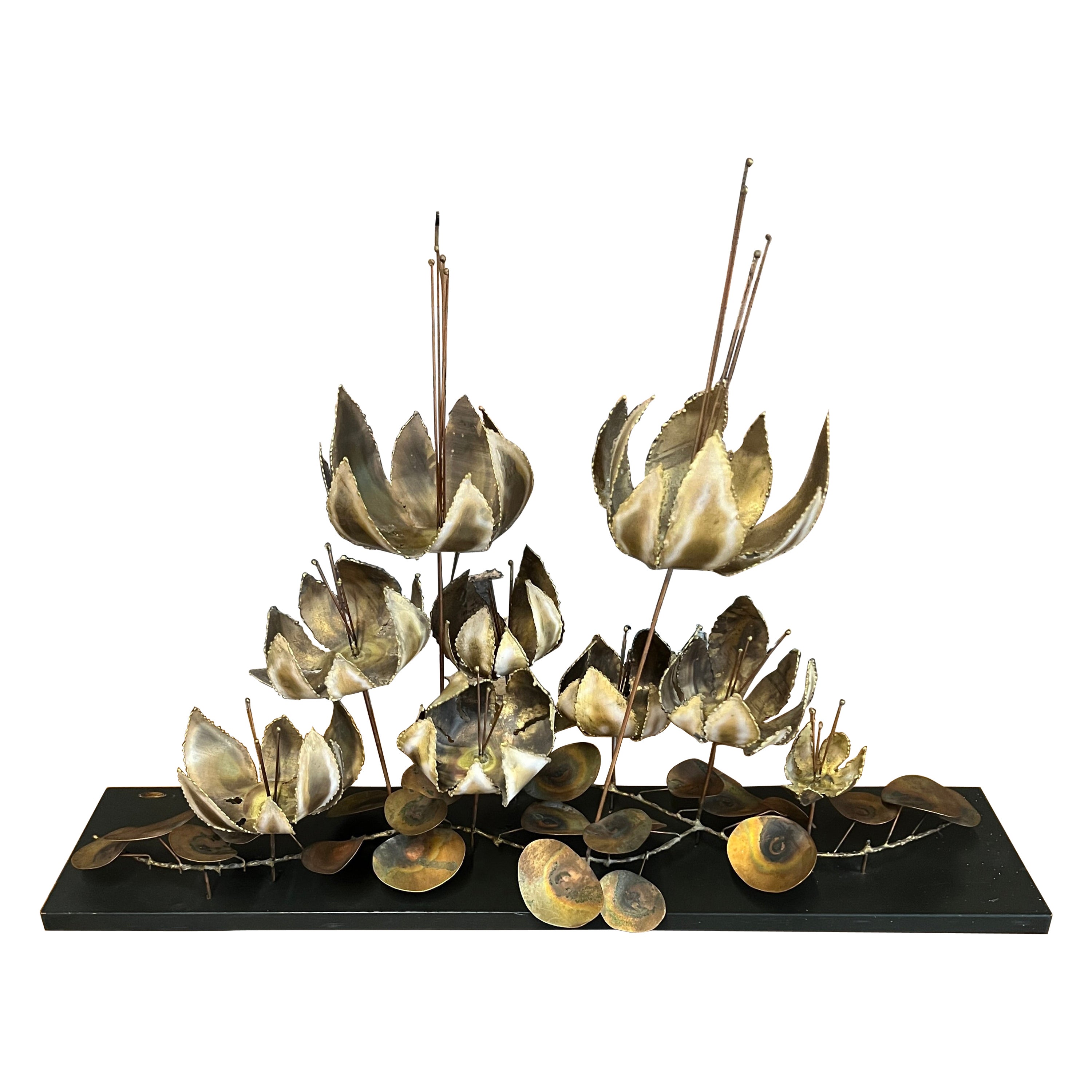 Signed Curtis Jere Brass Floral Table Sculpture Mounted on Board