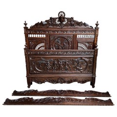 Antique French Breton Bed Brittany Wedding French Country Carved Dark Oak c1890