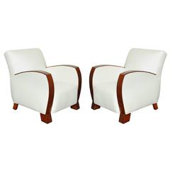 Pair of Early 20th Century Art Deco Teakwood Upholstered Armchairs