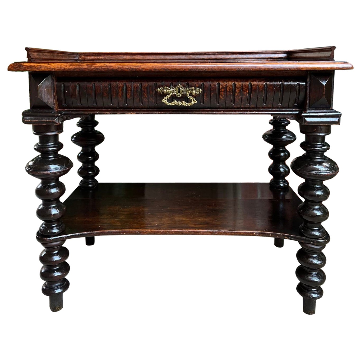 Antique English Hall Sofa Table Sideboard Carved Oak Bobbin Leg c1910