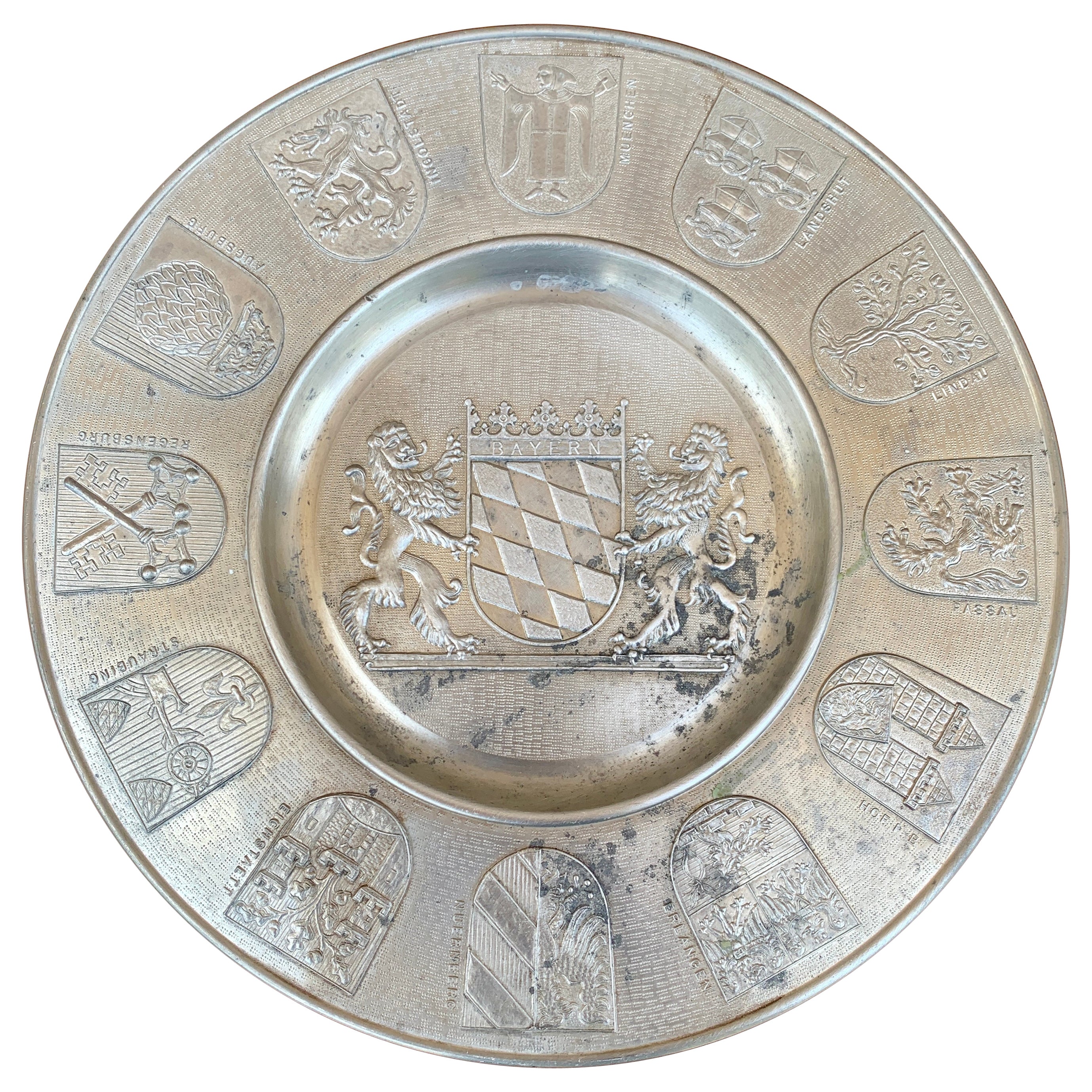 Vintage German Pewter Wall Plate With Heraldry Coat of Arms