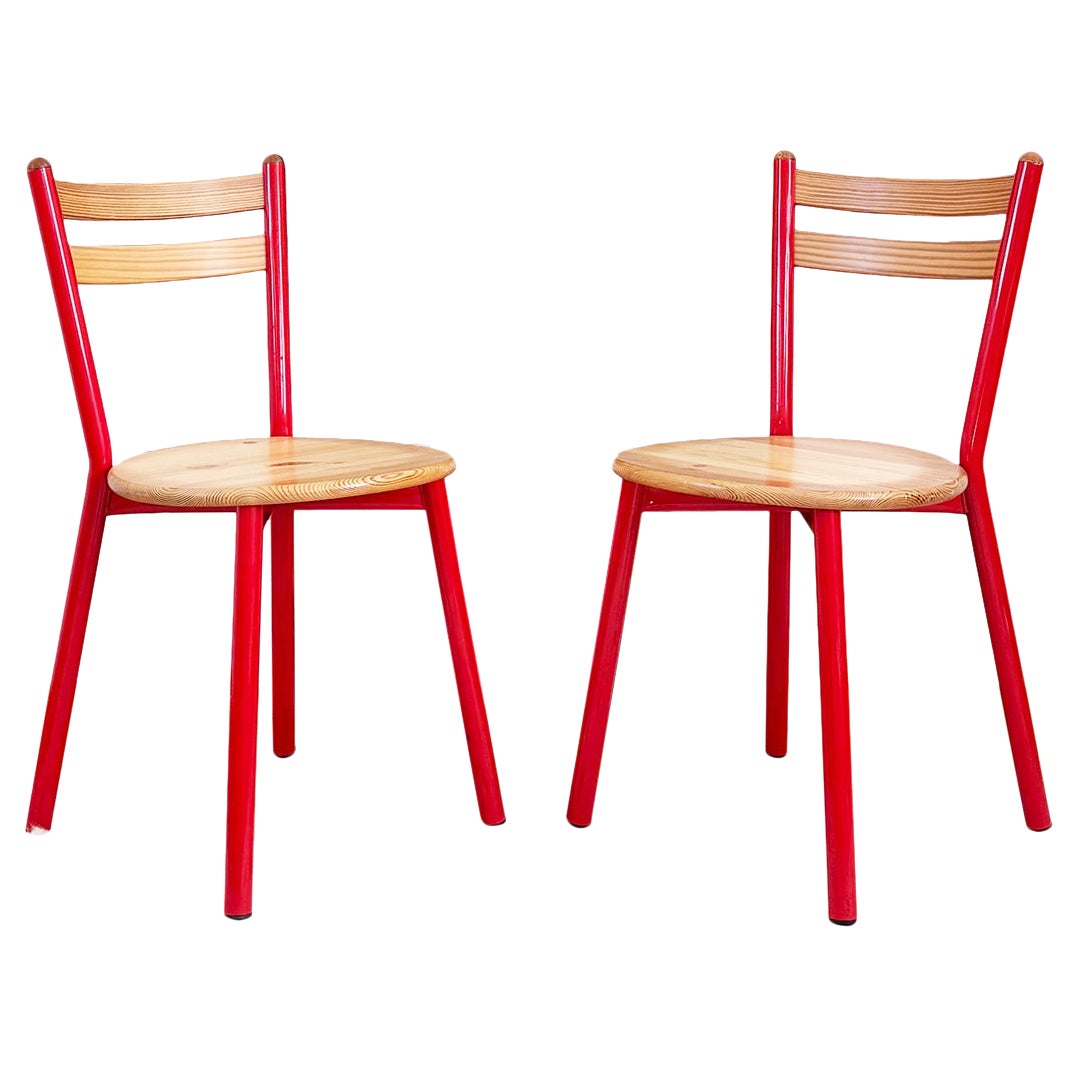 Pair of 1980s Italian Postmodern Pine and Red Metal Accent Chairs -- 2 Pcs For Sale