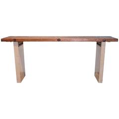 Transitional French Pine and Limestone Legs Console Table 