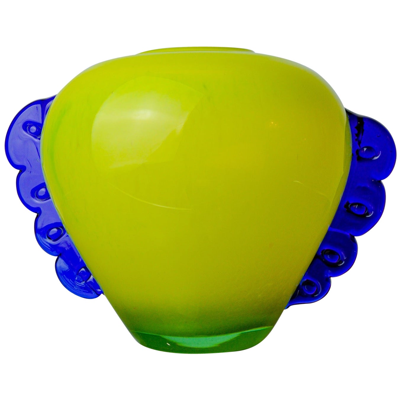 Orecchio vase in Murano glass, yellow and blue blown glass, Italy, 1970 For Sale