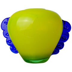 Jarrón Orecchio de cristal de Murano, vidrio soplado amarillo y azul, Italia, 1970