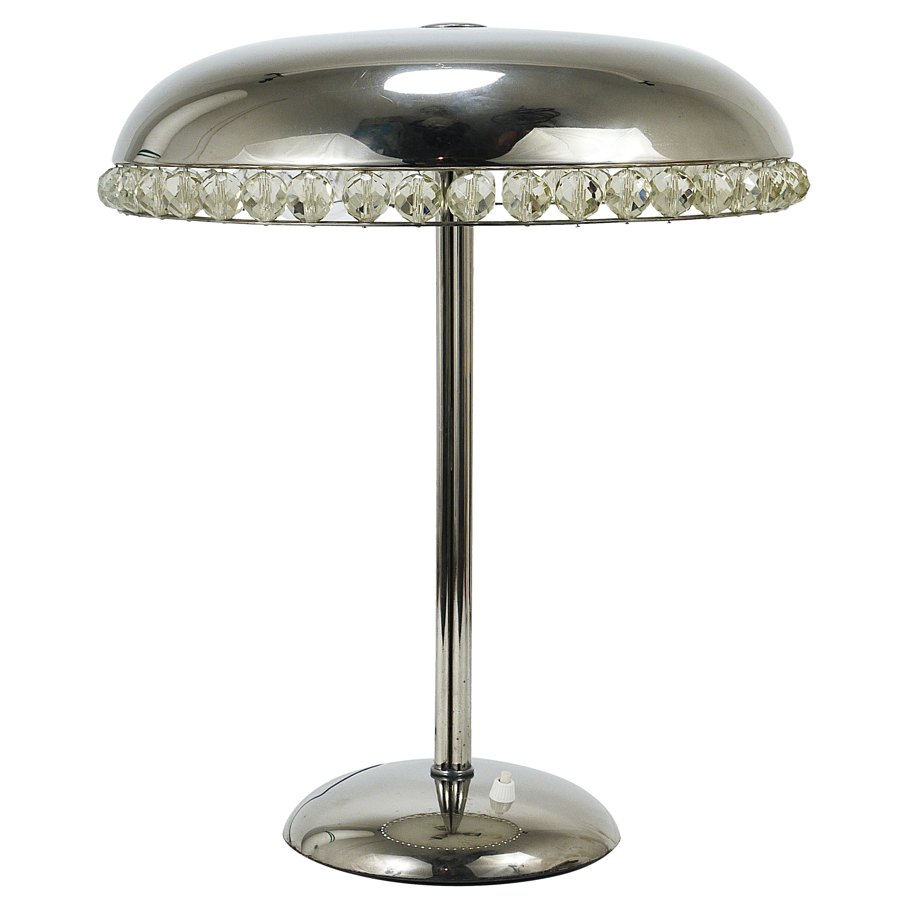 Bakalowits Vienna Nickel & Crystal Mushroom Table Desk Side Lamp, Austria, 1950s