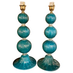 Murano Glass Ball Lamps in Teal Blue
