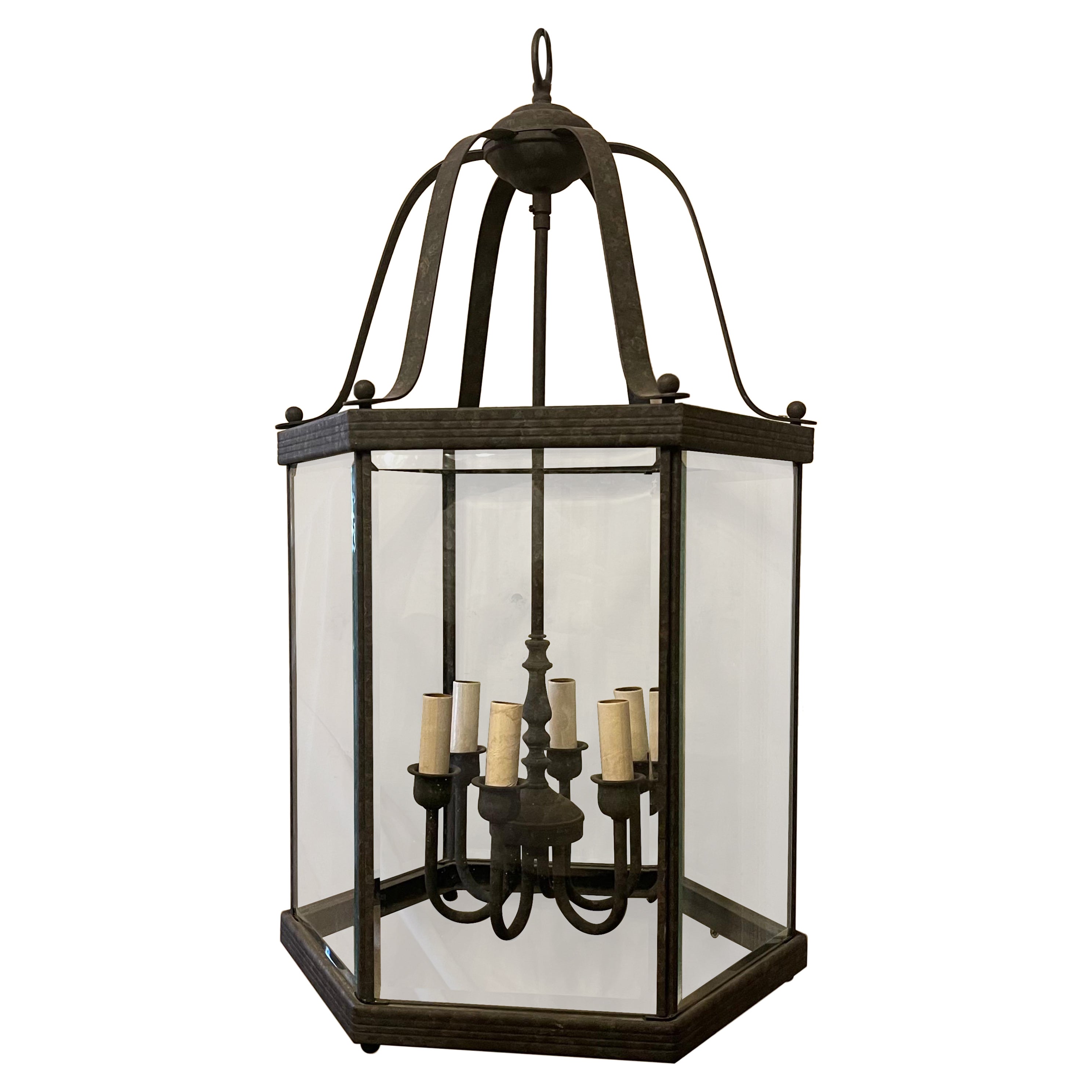 Maravilloso Farol Vaughan 6 Luces Bronce Cristal Regency Hall Grande en venta