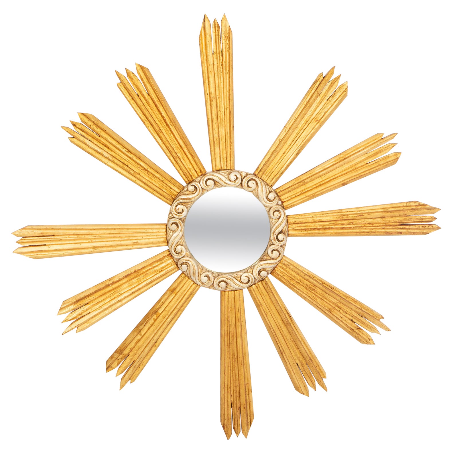 Espejo tallado dorado y plateado Sunburst en venta