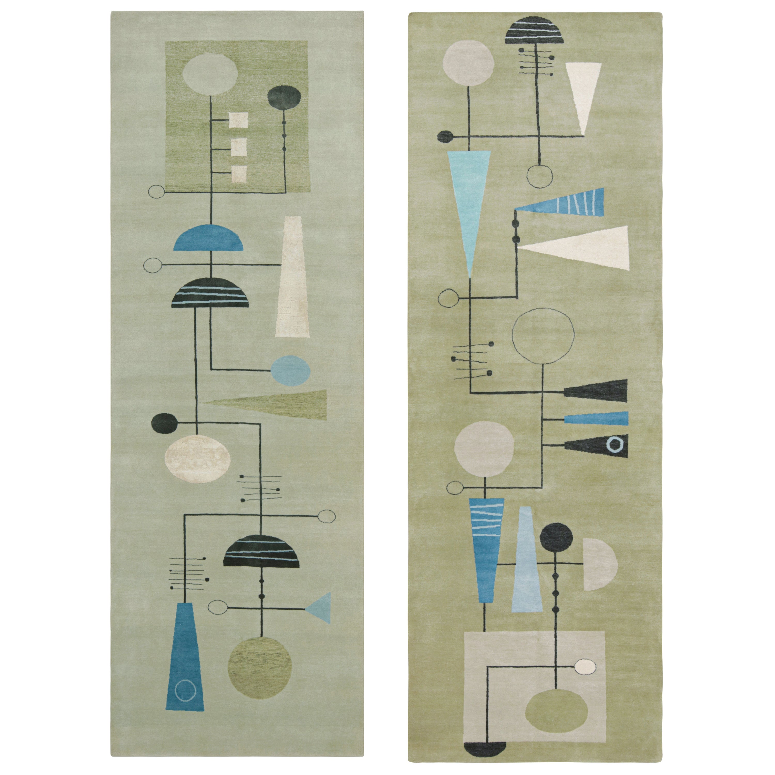 Rug & Kilim X El Gato Gomez Mid-century Modern Geometric Runners in Green For Sale