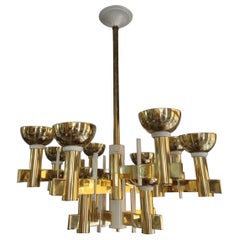 1960s Mid-Century Modern Brass and White Painted Metal Chandelier