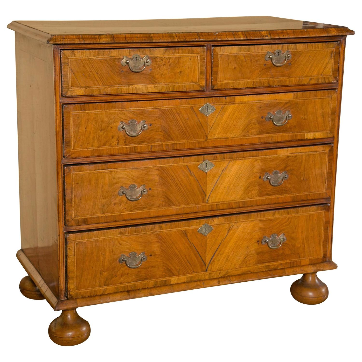English Walnut Chest of Drawers with Bun Feet For Sale at 1stdibs