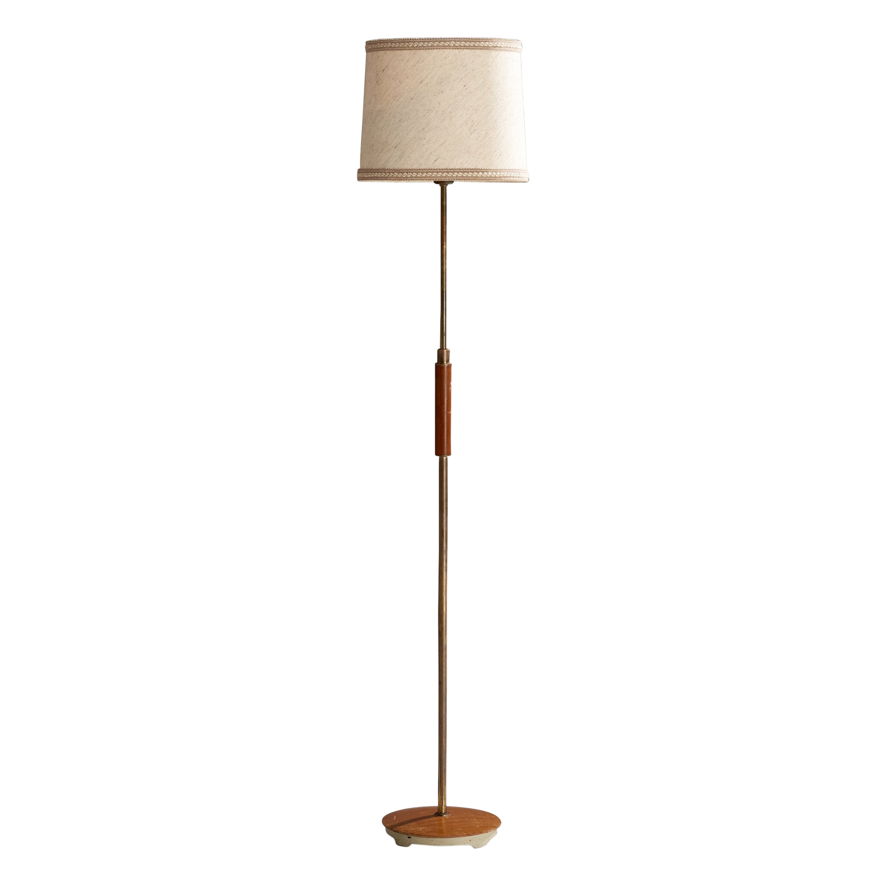 Bertil Brisborg, Floor Lamp, Brass, Oak, Iron, Fabric, Sweden, 1940s