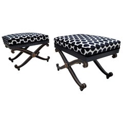 Vintage Regency Style Ottomans Newly Upholstered in Black & White Velvet, Pair