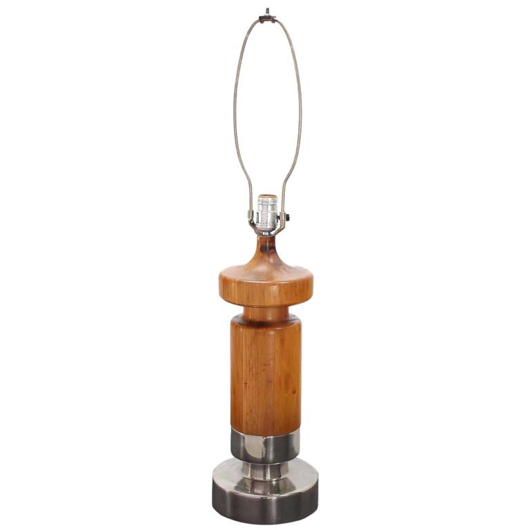 Heavy Turned Teak and Chrome Base Figural Table Lamp For Sale at 1stdibs