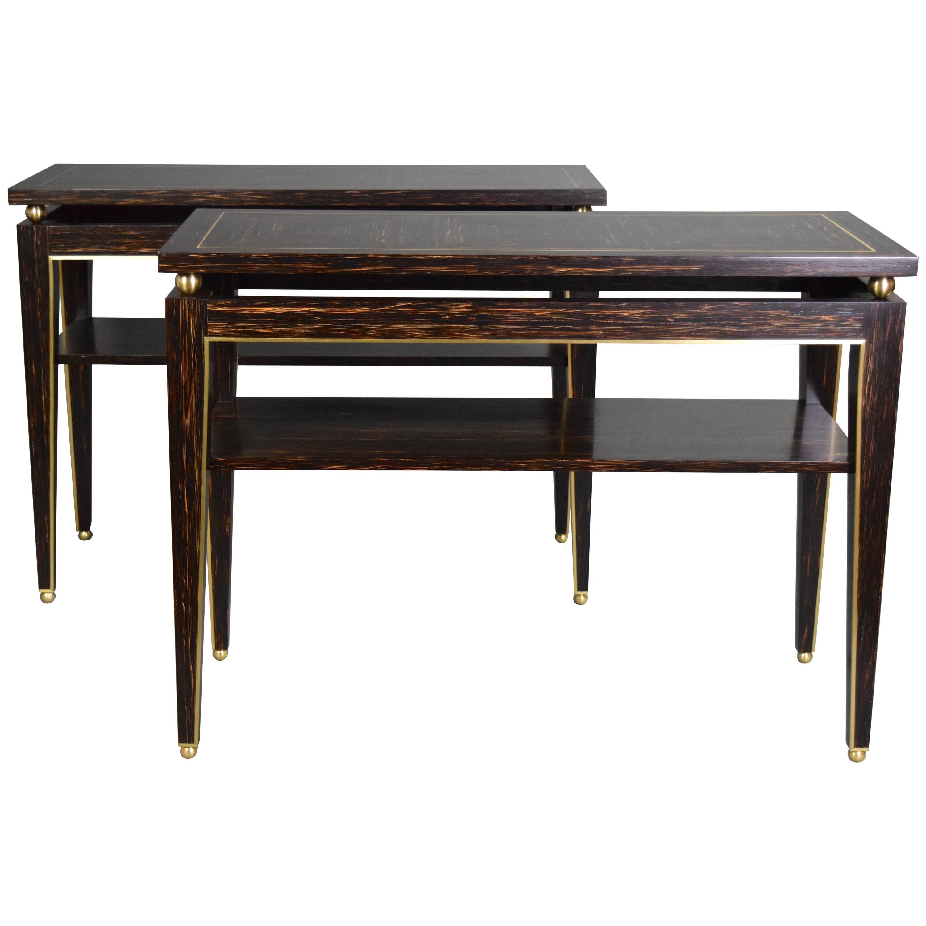 Brass-Mounted Pair of Palmwood Console Tables by Gerard Ferretti For Sale