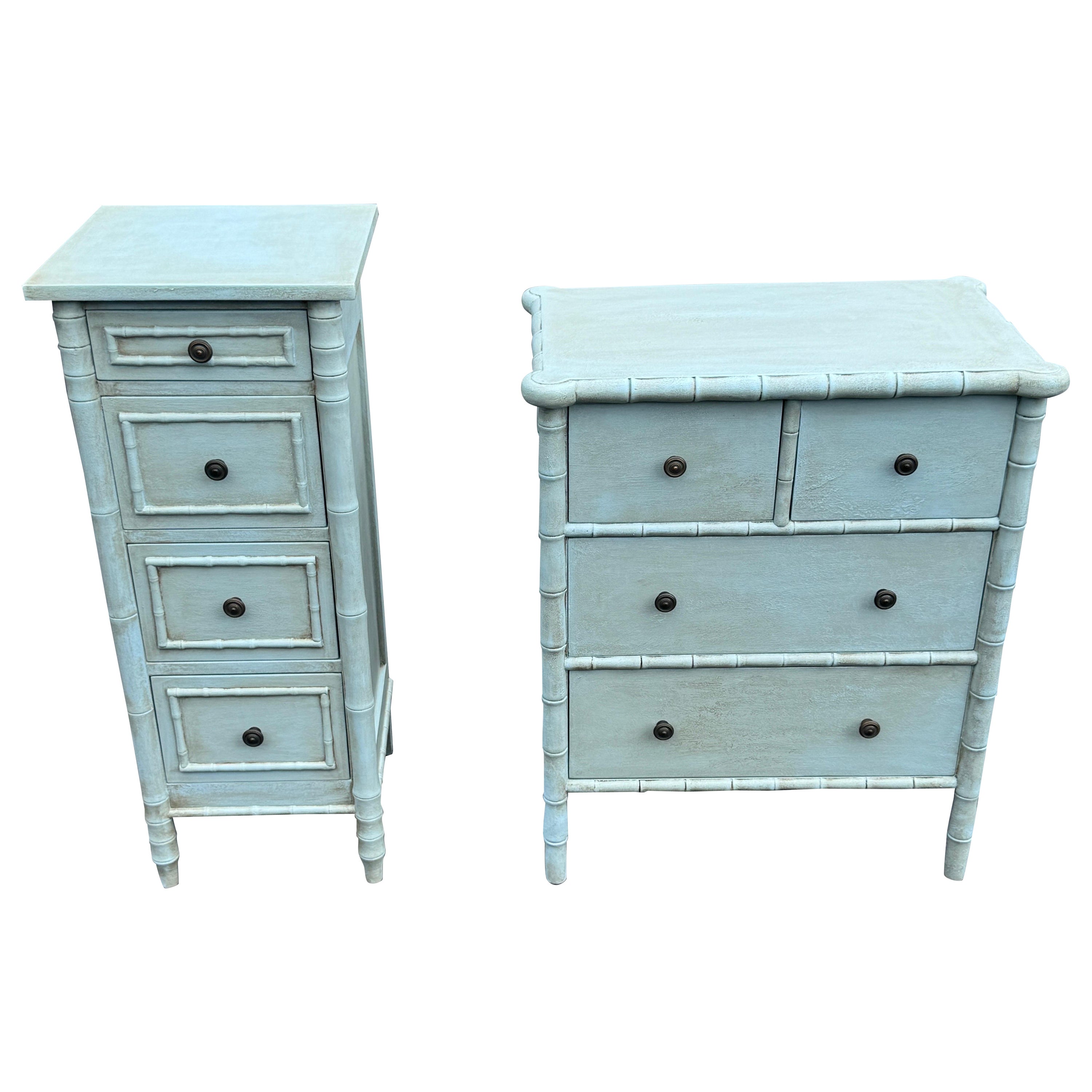 Set of Two Faux Bamboo Blue Painted Chests of Drawers
