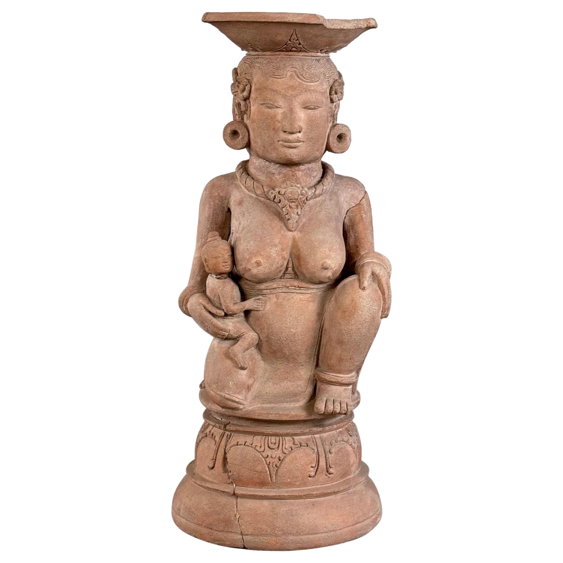 15th Century Majapahit Terracotta Handmaiden Figure (Fertile Woman with Child) For Sale