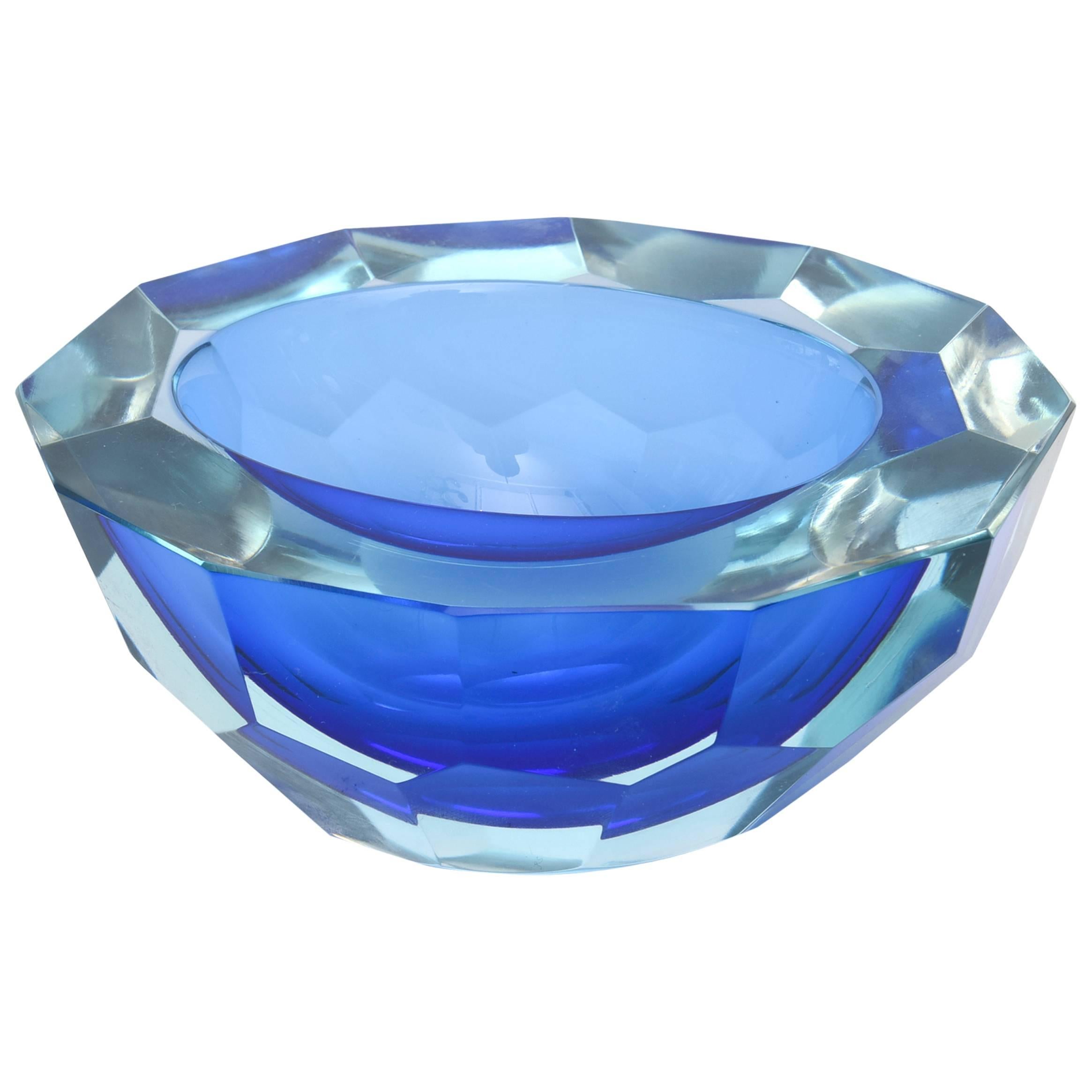 Italian Murano Sommerso Diamond Faceted Flat Cut Polished Glass Geode Bowl