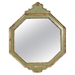 Miroir mural octogonal italien ancien en bois vert avec profils dorés, années 1700