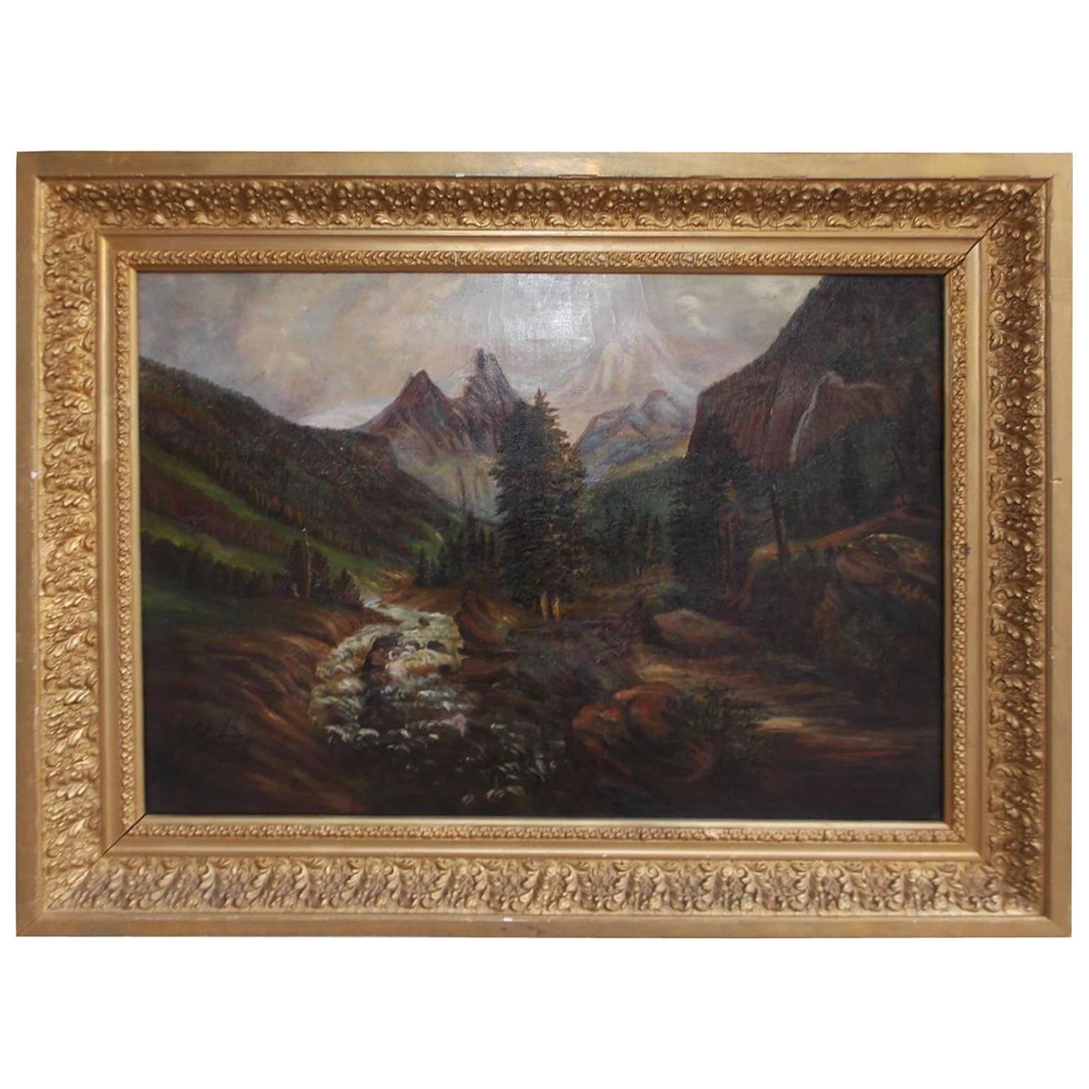 Huile sur toile américaine d'un paysage dans son cadre doré d'origine, vers 1870