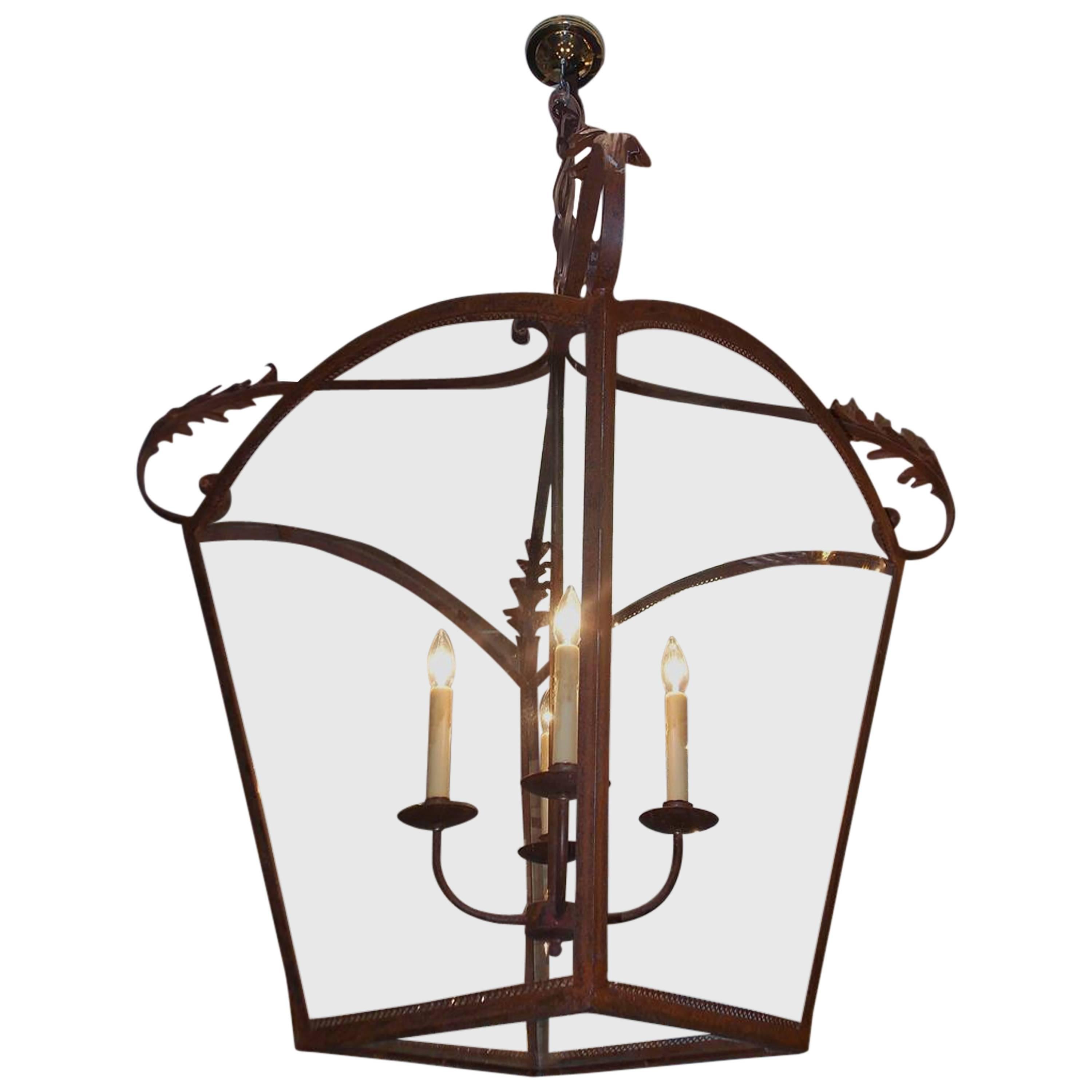 Italian Wrought Iron Arched Dome Hanging Glass Lantern , Circa 1870