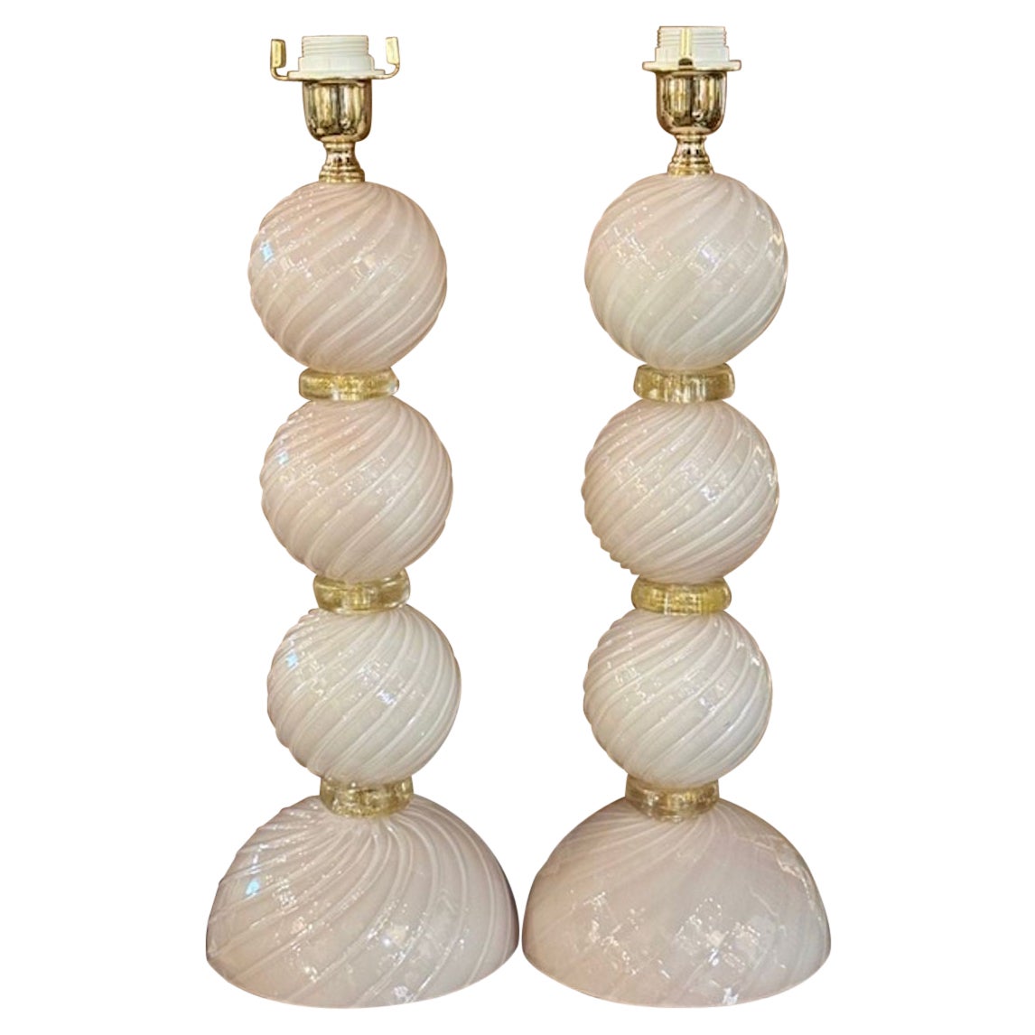 Pair of Modern Murano Glass Ball Form Lamps in Pearl Pink and Gold