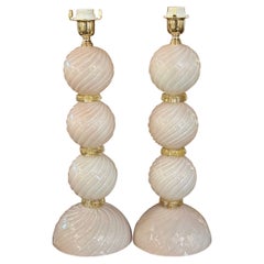 Pair of Modern Murano Glass Ball Form Lamps in Pearl Pink and Gold