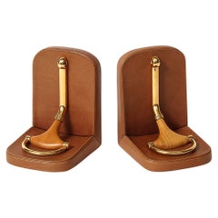 Fermalibri Gucci con morsetto, pelle marrone, ottone, legno, firmato