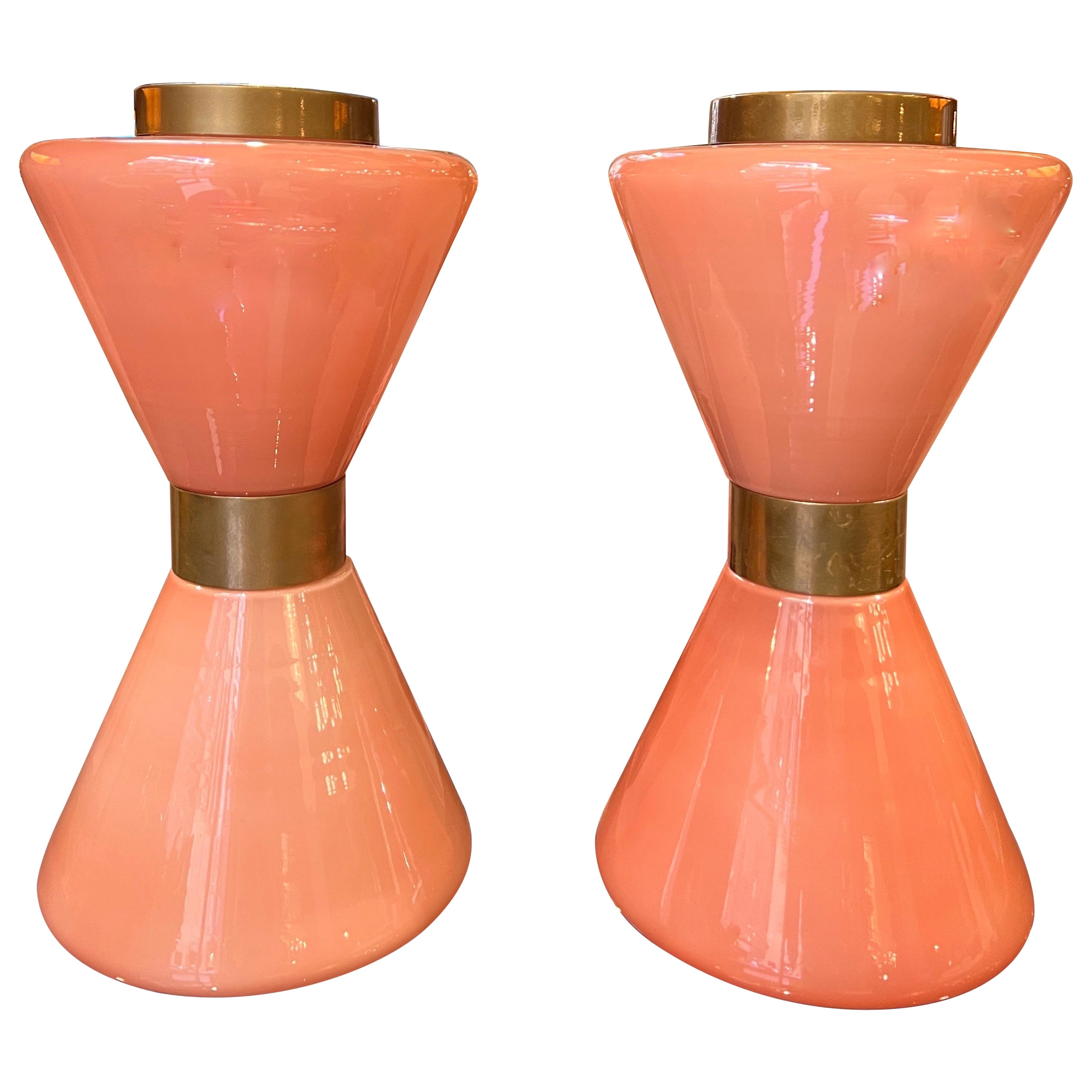 Pair of Mid-Century Pink Murano Glass Table Lamps Hourglass Shaped 1950s