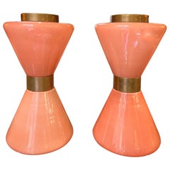Pair of Mid-Century Pink Murano Glass Table Lamps Hourglass Shaped 1950s