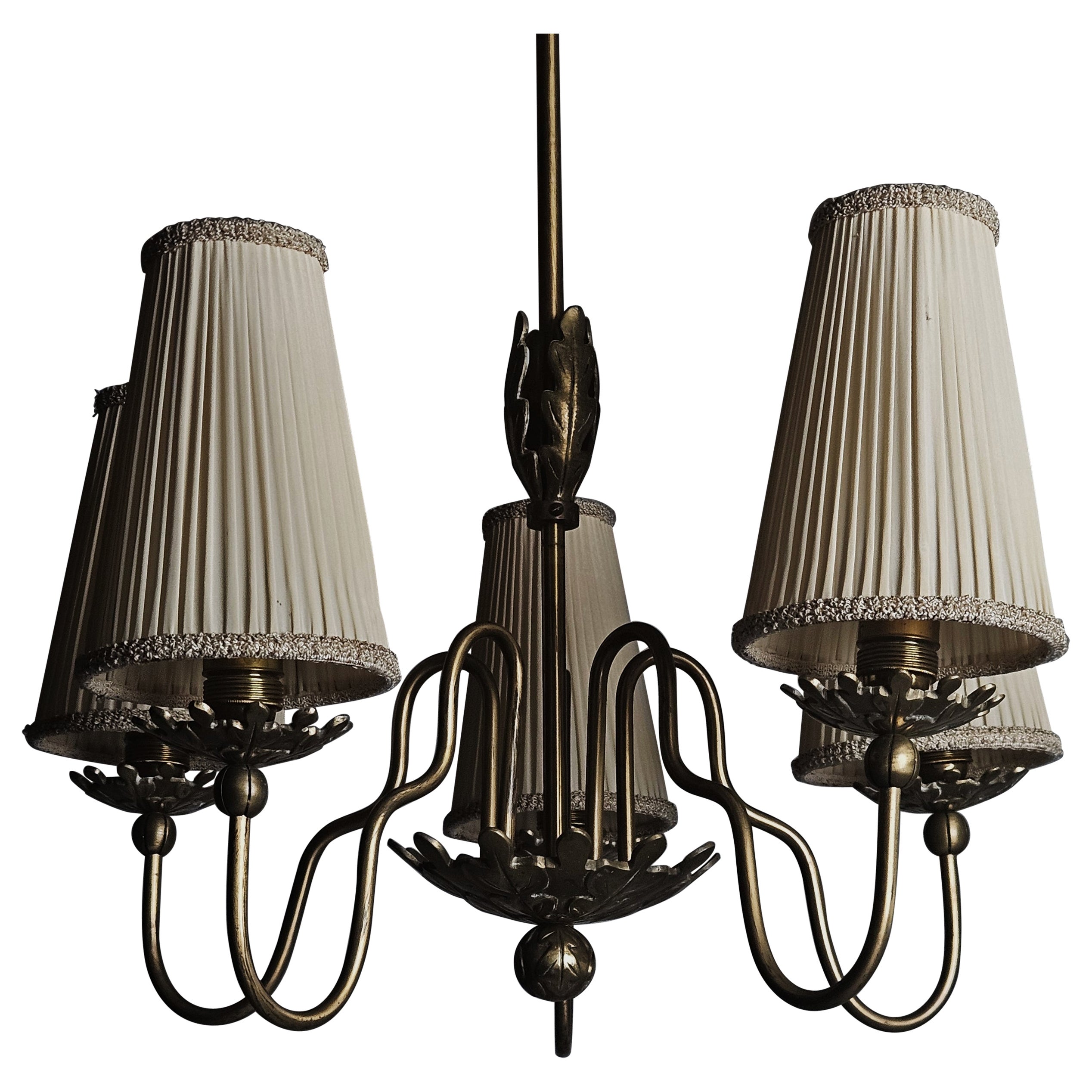Lampada da soffitto in ottone a cinque braccia di design svedese, anni '30