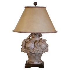 Mid-Century French Carved Painted Lamp with Fruit Decor with Custom Shade