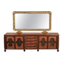 Italian Gothic Revival Monumental Sideboard Wood Plastic & Large Gilded Mirror