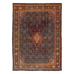 Antique Persian Farahan Handmade Allover Wool Rug In Navy Blue