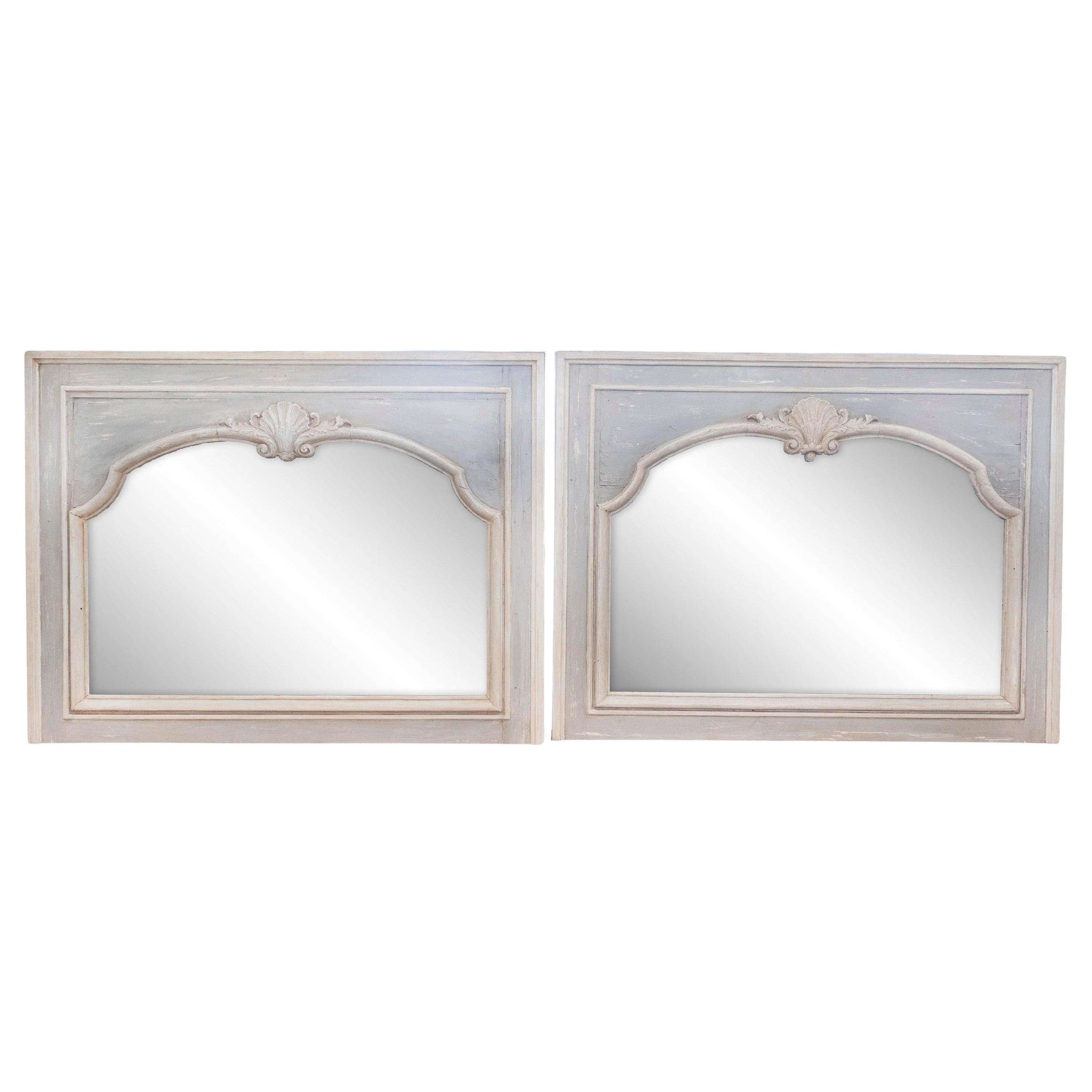 Pair of French Louis XV Style 1890s Painted Wood Horizontal Shell-Carved Mirrors