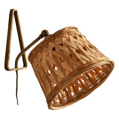 Danish Designer, Wall Light, Brass, Rattan, Denmark, 1940s