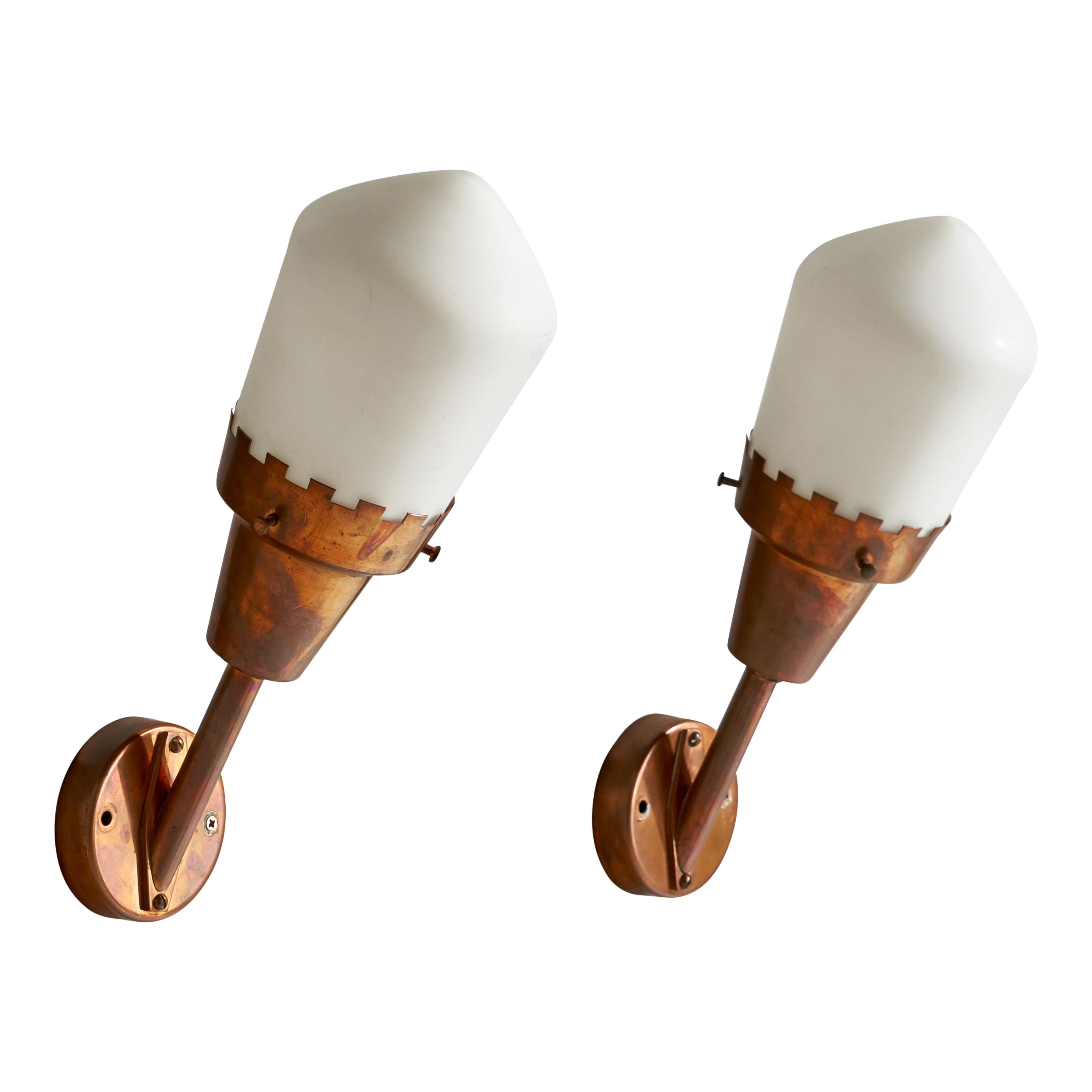 Danish Designer, Wall Lights, Copper, Glass, Denmark, 1940s