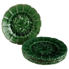 Green Grape Leaf Majolica Plates by Sarreguemines, France 1890s, set of 6