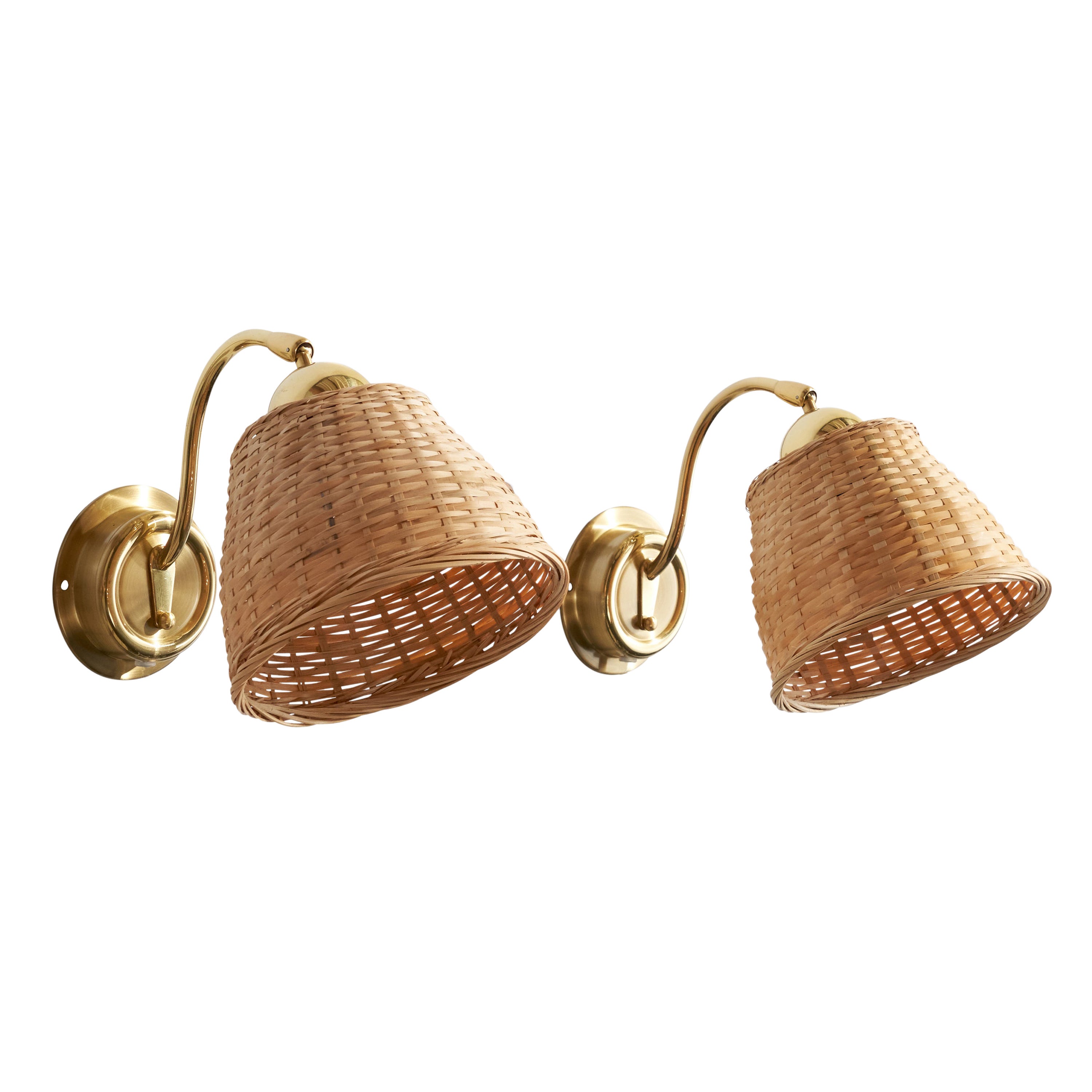 EWÅ Värnamo, Wall Lights, Brass, Rattan, Sweden, 1970s