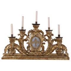18th Century Italian Carved Gilt Table Candelabra with Hand Painted Fleur-de-Lys