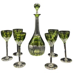 Vintage Val Saint Lambert Art Deco Glass Decanter Set with Glasses